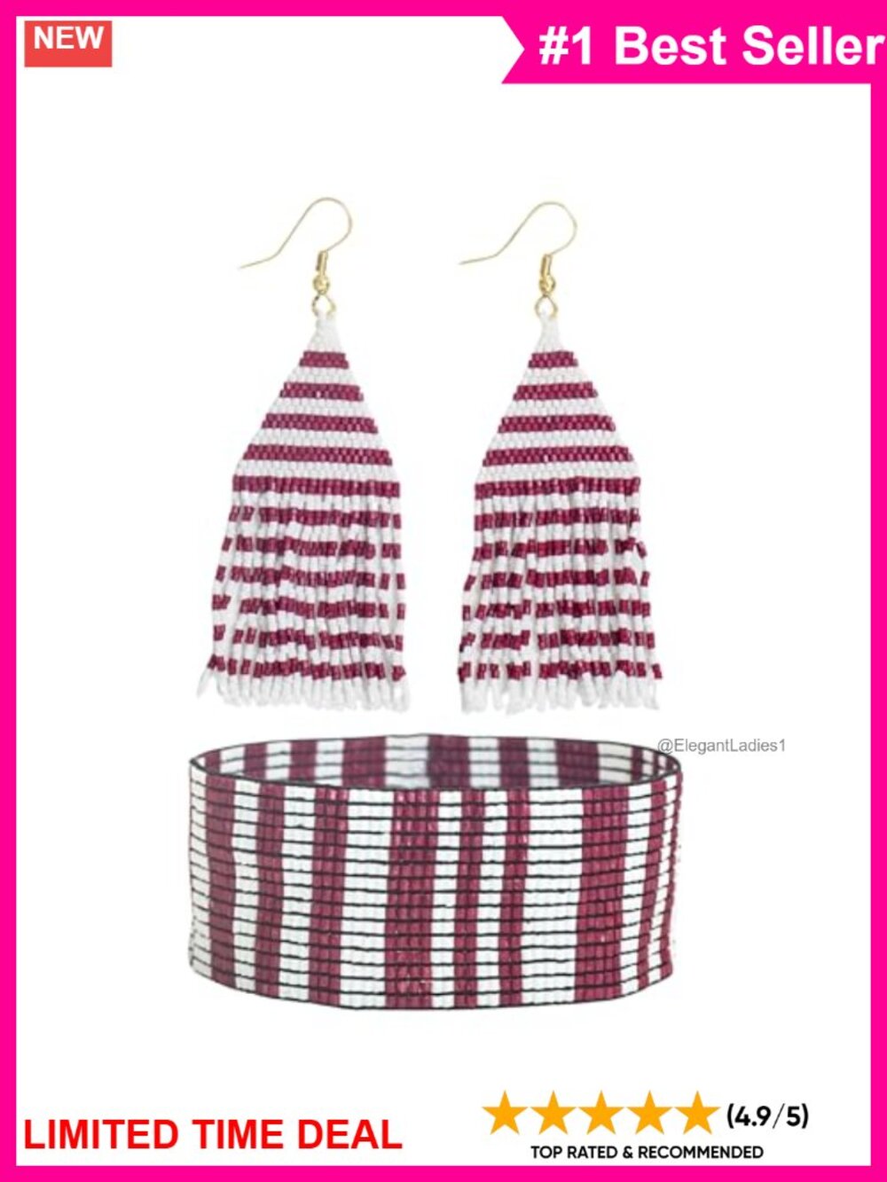 Handmade Beaded Bracelet & Fringe Earring Jewelry Set Glass Brass Game Day